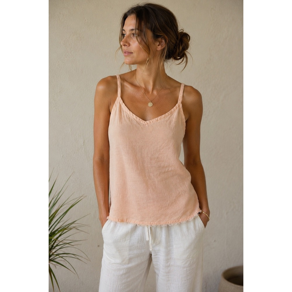 Garnet Hill Cami Top Women Sz 0 Peach 100% Linen Frayed Hem V-Neck Coastal Tank